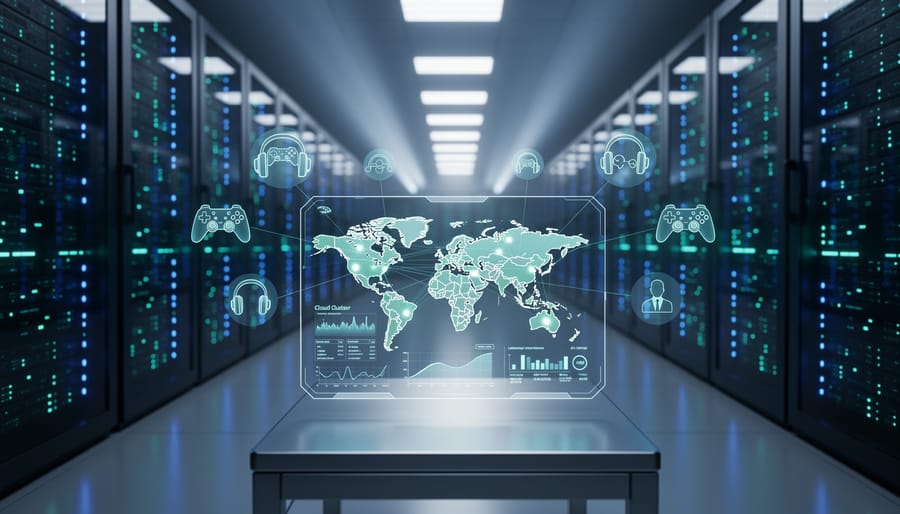 Modern data center with rows of enterprise servers and networking equipment