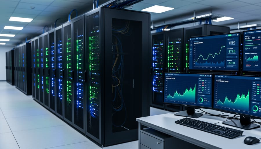 Modern data center server racks with illuminated LED indicators in professional facility