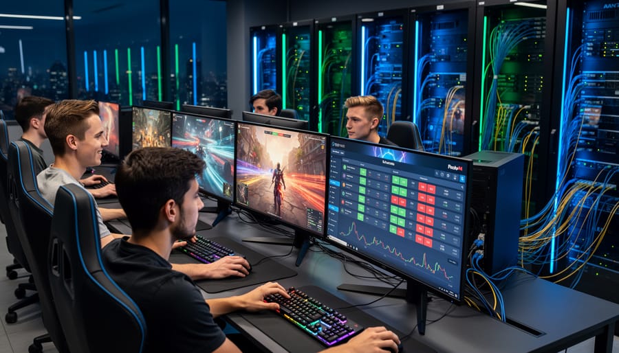 Illuminated fiber optic cables showing light transmission through network infrastructure