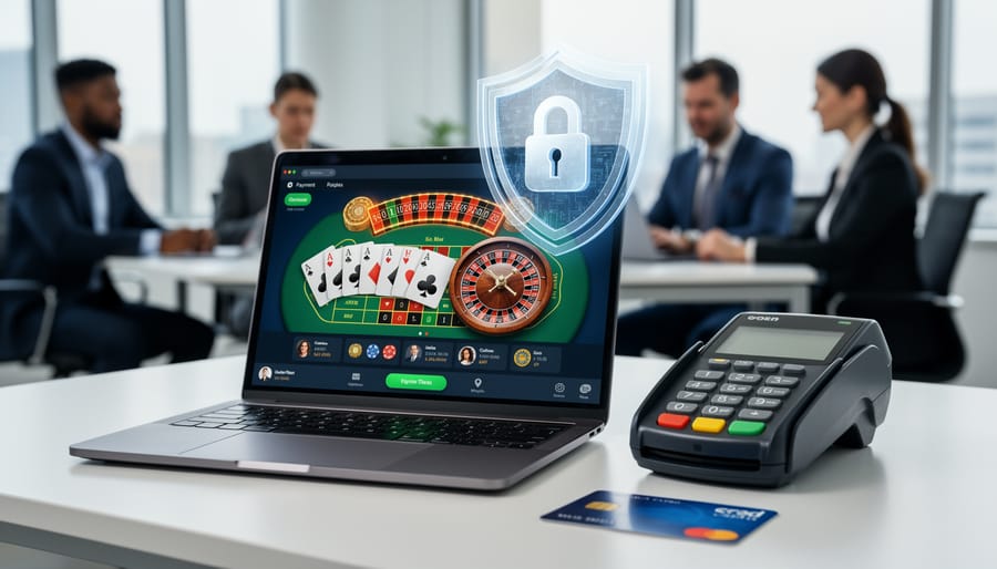 Business professional working on secure payment systems with laptop and mobile device