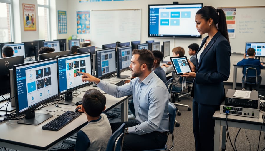 IT team collaborating while setting up and managing educational network equipment