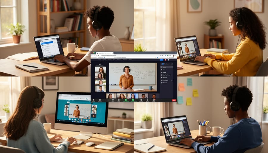 Student using a laptop at home with headphones for remote learning access