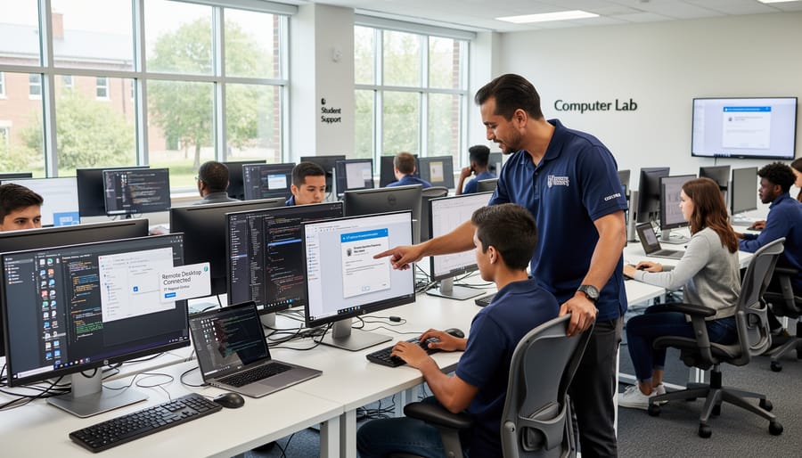 IT technician working in a university computer lab while students use education technology