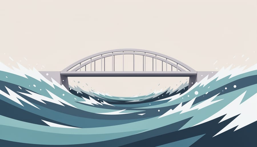 A bridge spanning turbulent water under storm clouds with sunlight breaking through.