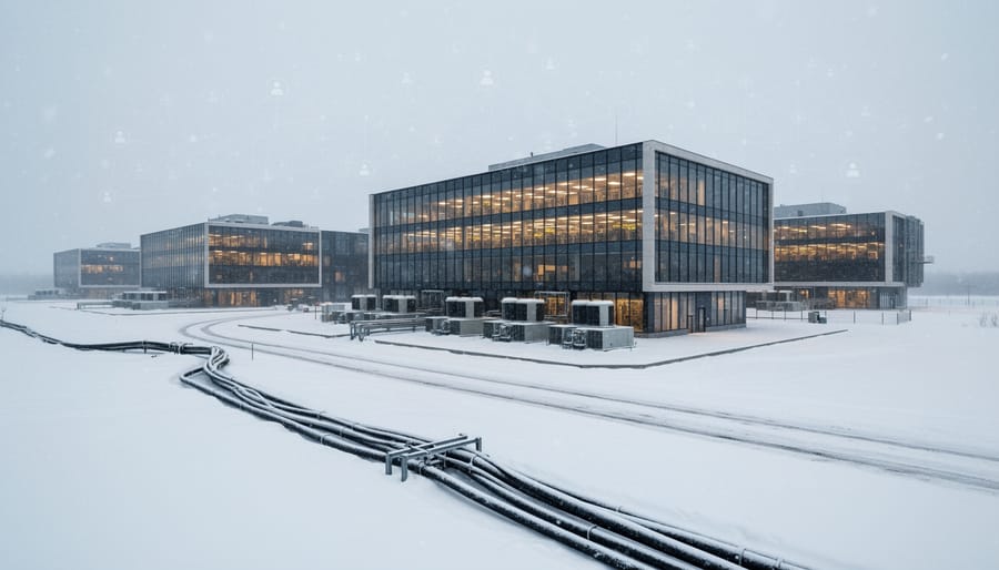 A data center building exterior in snowy weather, symbolizing cloud-enabled recovery and resilience.