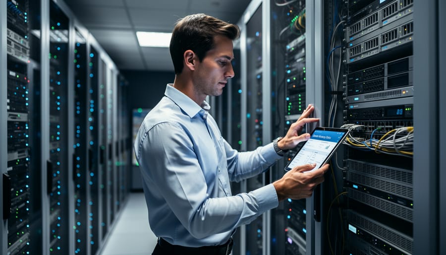 A technician silhouetted in a server room doorway with a flashlight, emphasizing server and infrastructure recovery.