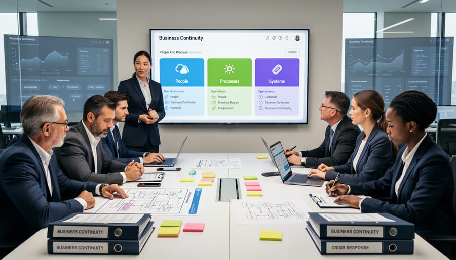 Team members in an operations room collaborating around a table during disruption planning.