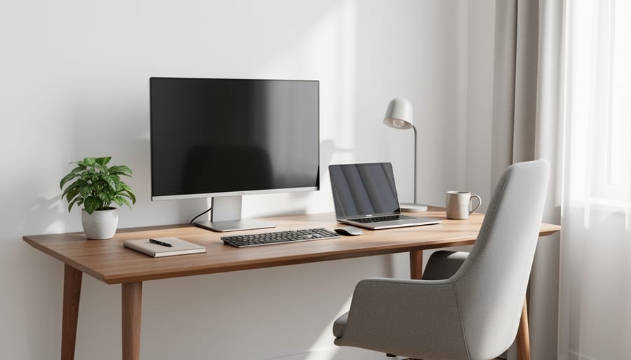 Remote worker in a tidy home office with laptop and phone set aside for professional focus