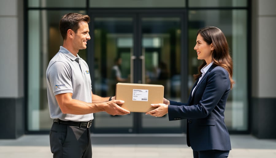 Two people exchanging a sealed delivery package in a professional office lobby