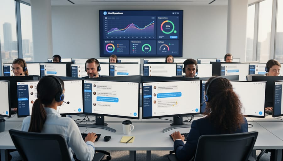 Business team in a modern operations room using conversational AI to support customer service.