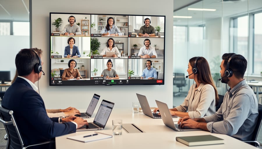 Person using a laptop with headphones in a meeting room while colleagues join a video call on a screen