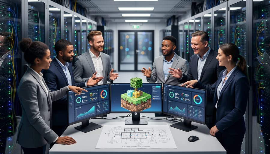 IT managers working together near an open server rack with blinking lights in a modern office