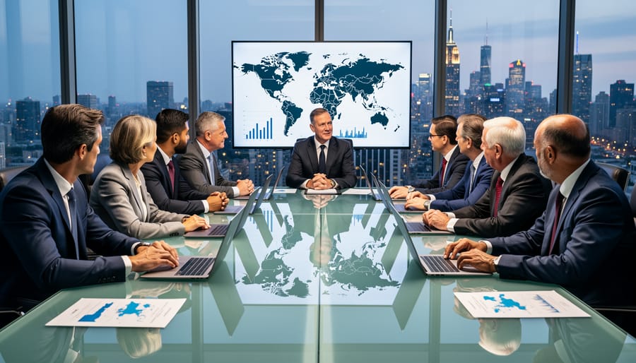 Two businesspeople negotiating across a table with visible contract papers and focused expressions