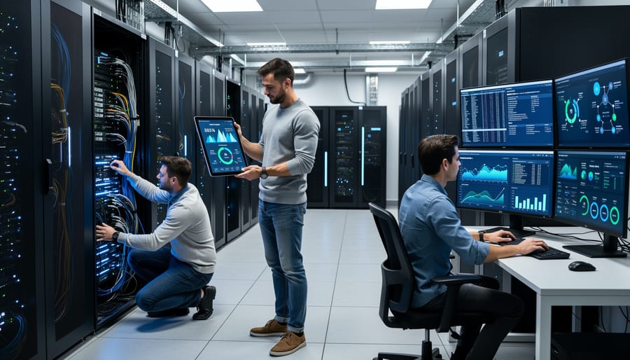 IT team members working in a server room examining network equipment.