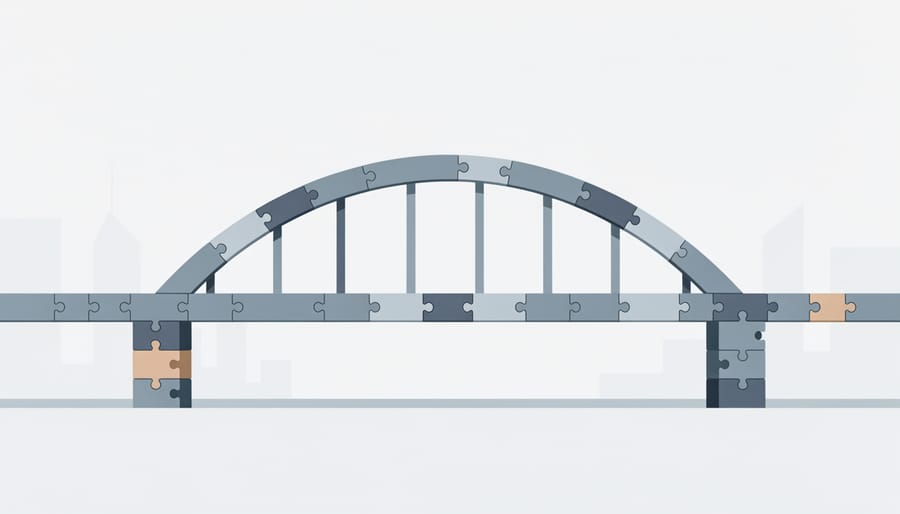 Low-angle view of an interlocking metal bridge over a river at dusk.
